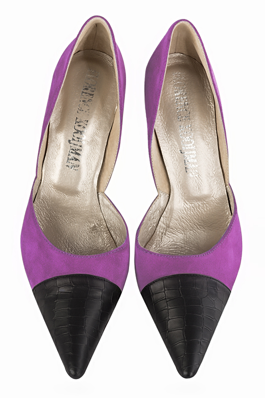 Satin black and mauve purple women's open arch dress pumps. Pointed toe. Very high slim heel. Top view - Florence KOOIJMAN